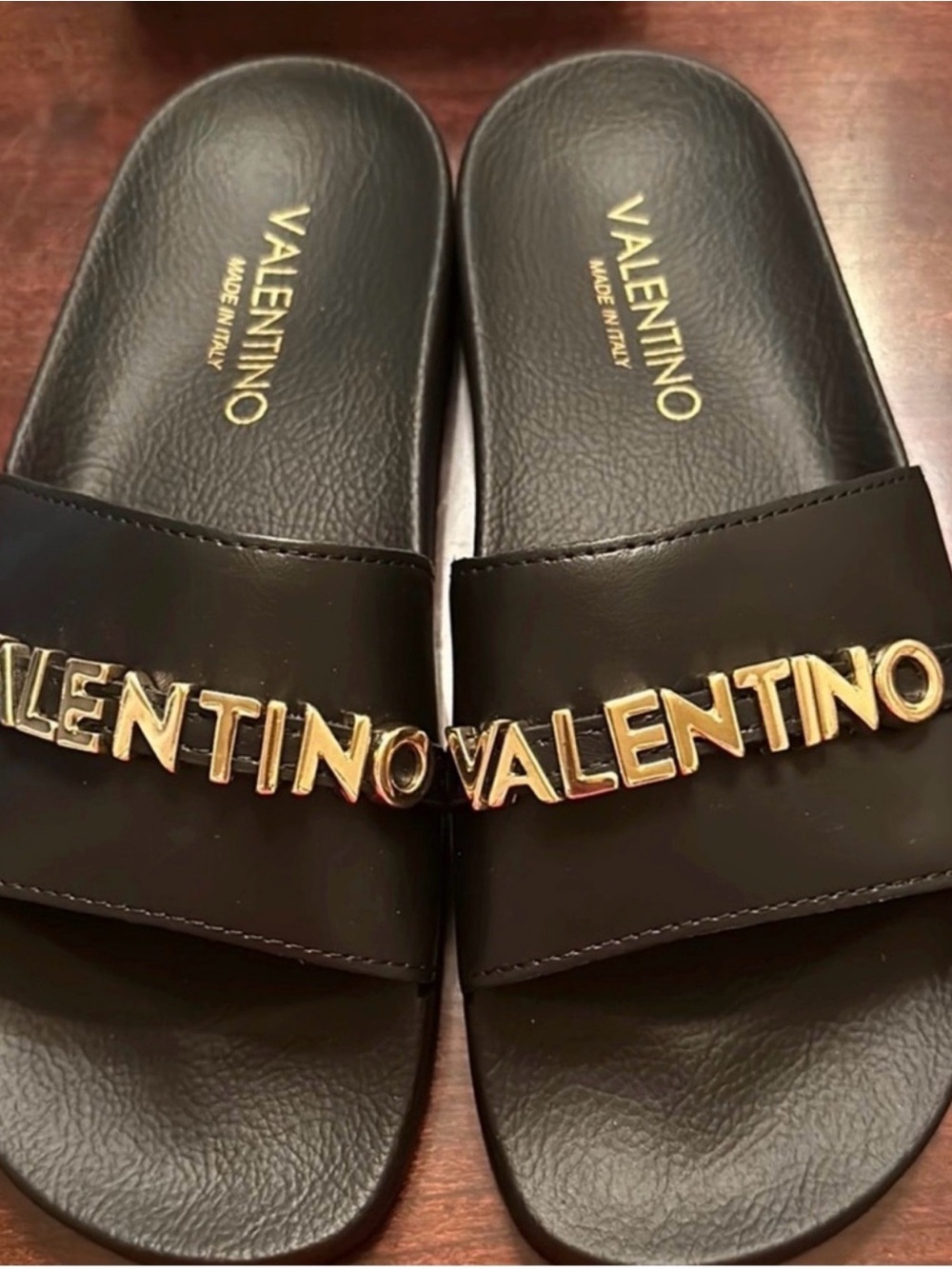 Valentino Black Leather Slide Sandals with Gold Logo Letters